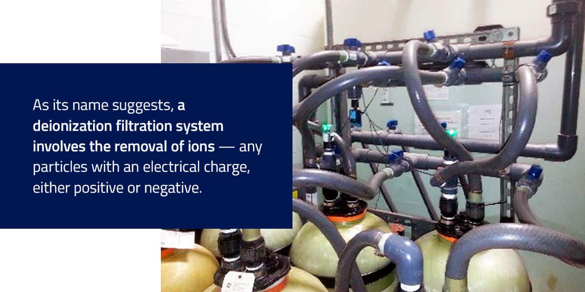 As its name suffests, a deionization filtration system involves the removal of ions -- any particles with an electrical charge, either positive or negative.